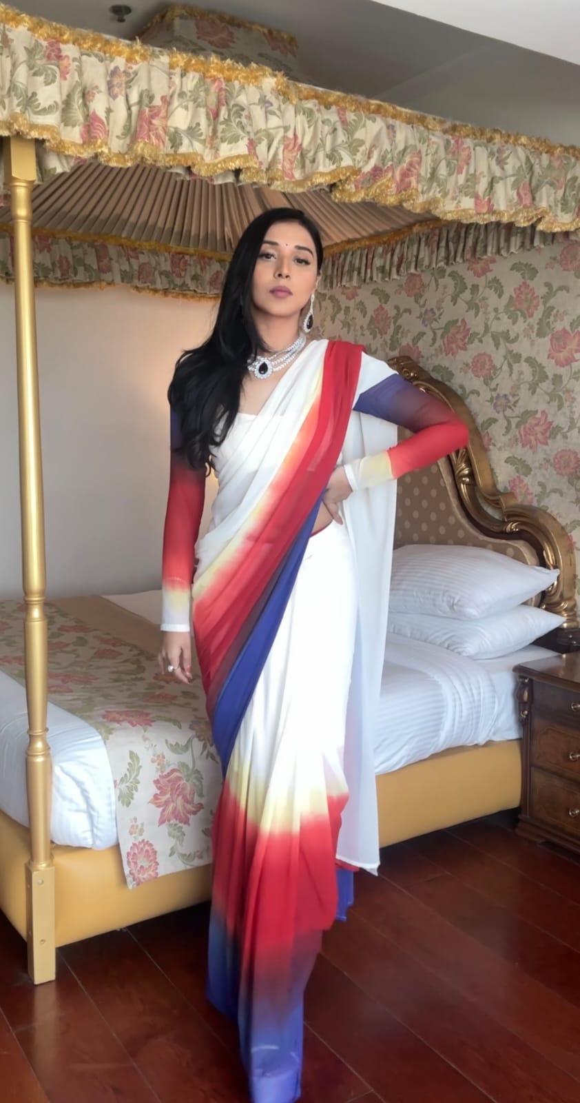 White With Multi Color Ready To Wear Saree