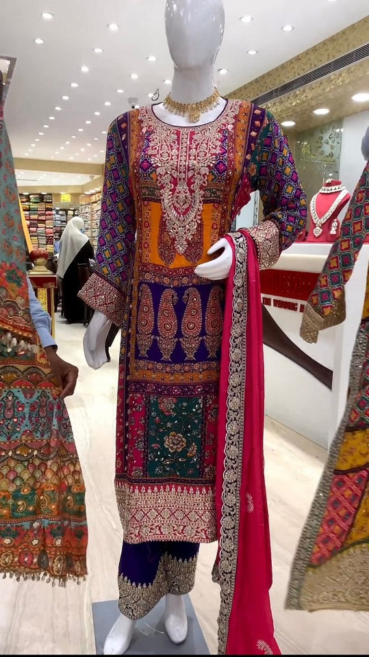 Trendy Blue Color Multi Print With Work Sharara Suit