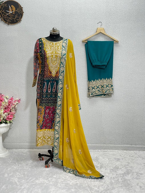 Trendy Yellow Color Multi Print With Work Sharara Suit