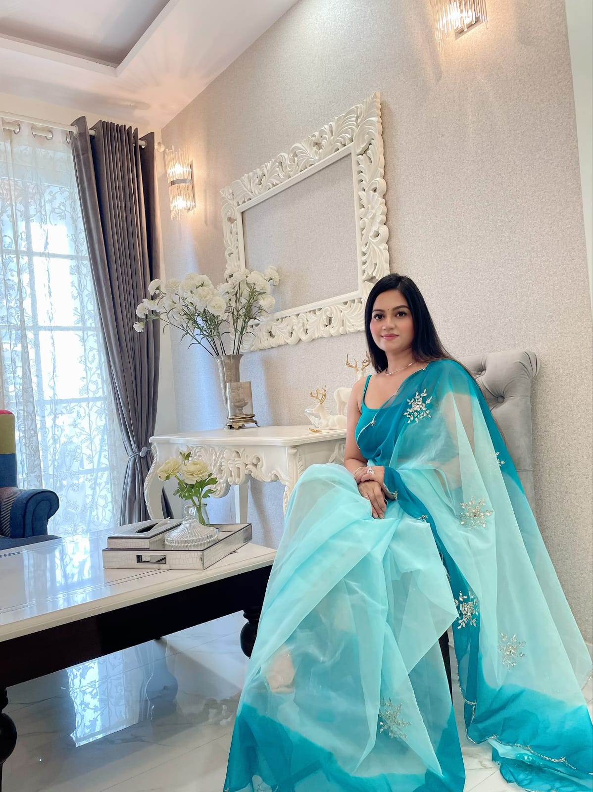 Double Tone Sky Blue Organza Handwork Saree