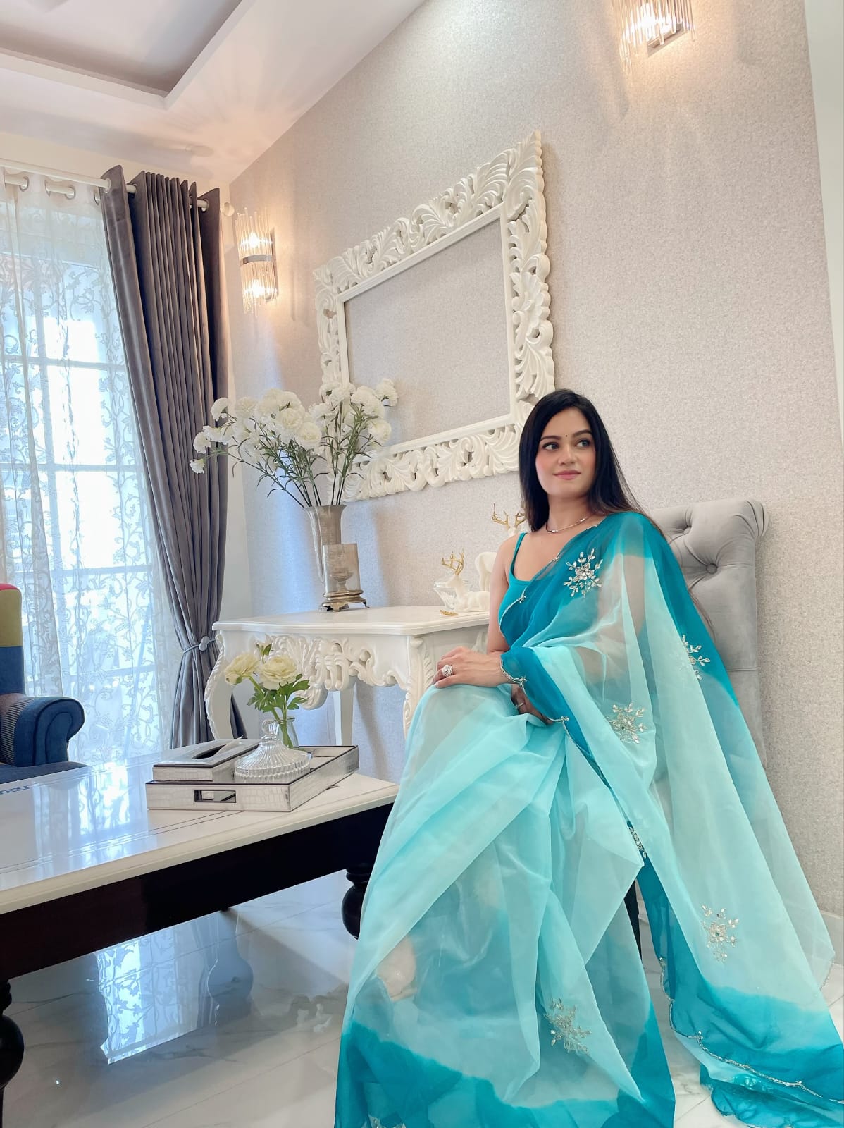 Double Tone Sky Blue Organza Handwork Saree