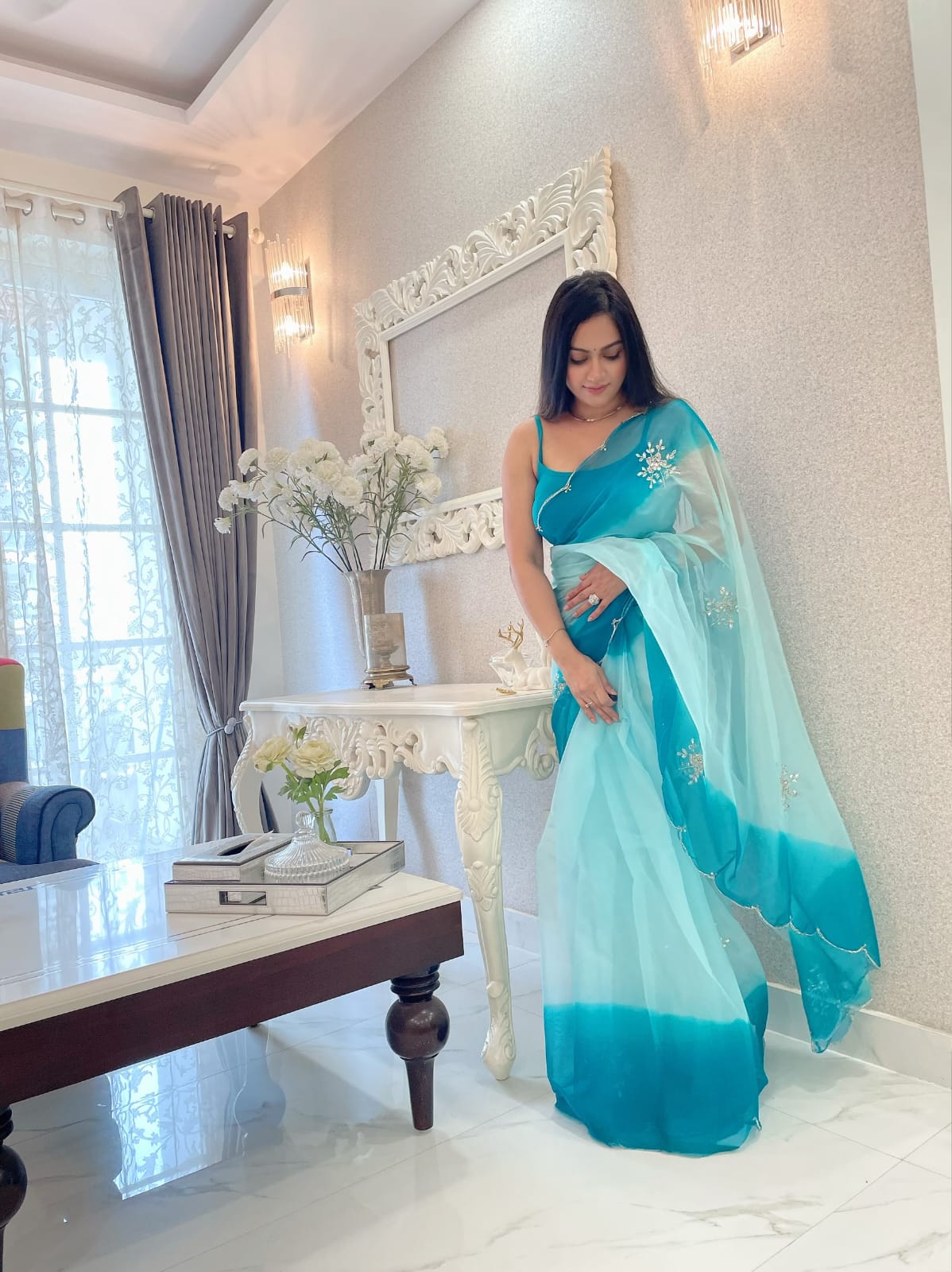 Double Tone Sky Blue Organza Handwork Saree