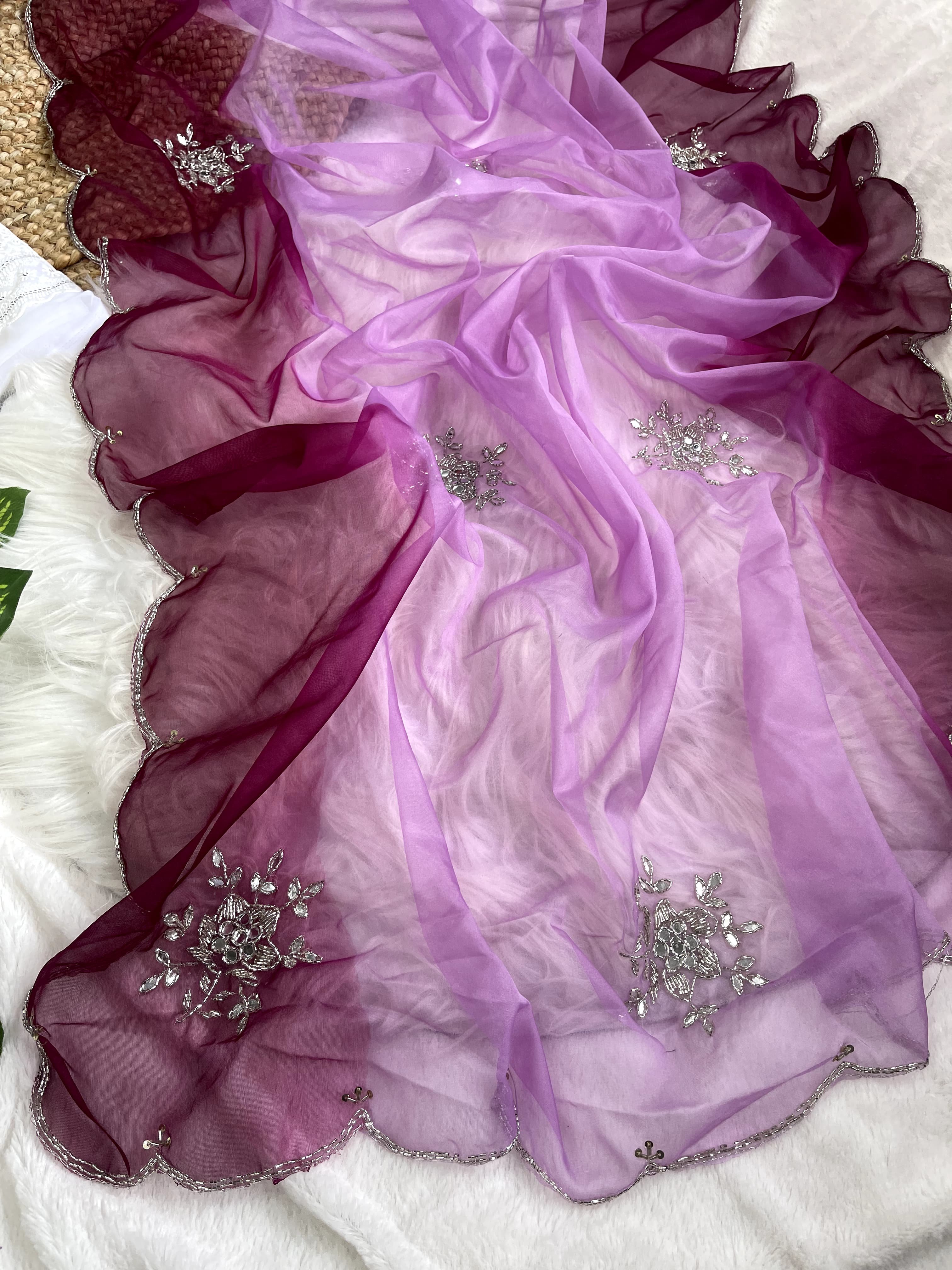 Double Tone Lavender Organza Handwork Saree