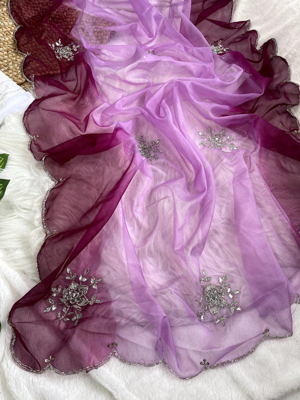 Double Tone Lavender Organza Handwork Saree