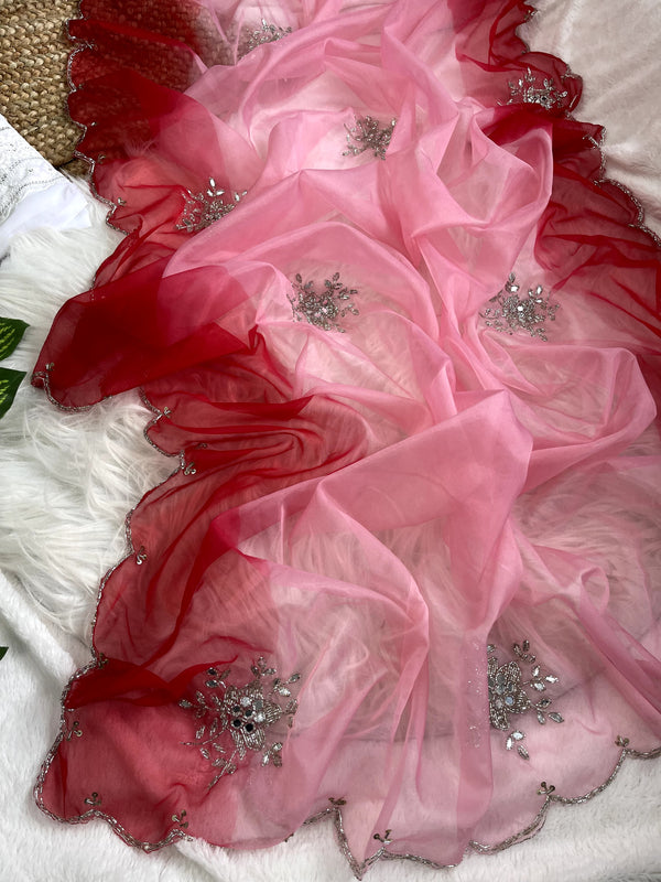 Double Tone Red Organza Handwork Saree