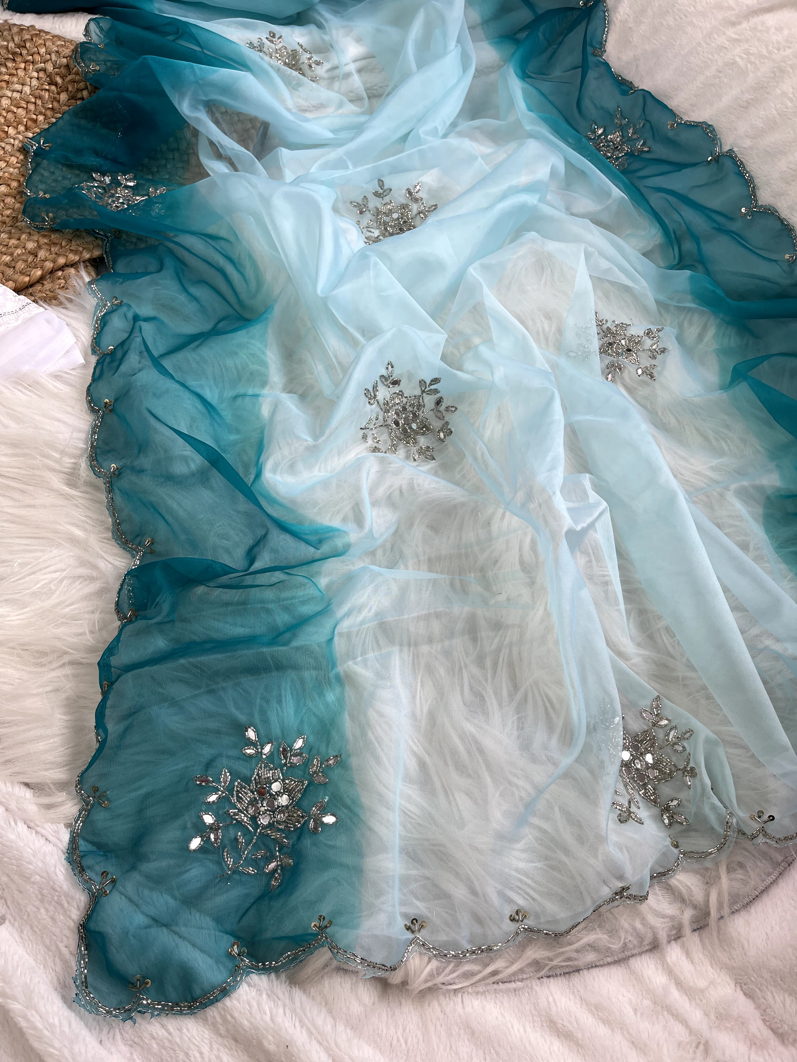 Double Tone Sky Blue Organza Handwork Saree