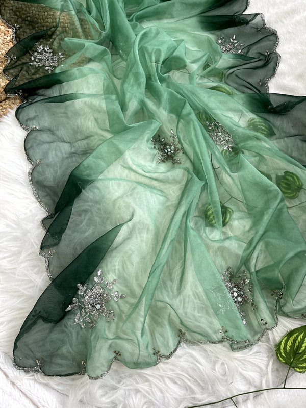 Double Tone Green Organza Handwork Saree