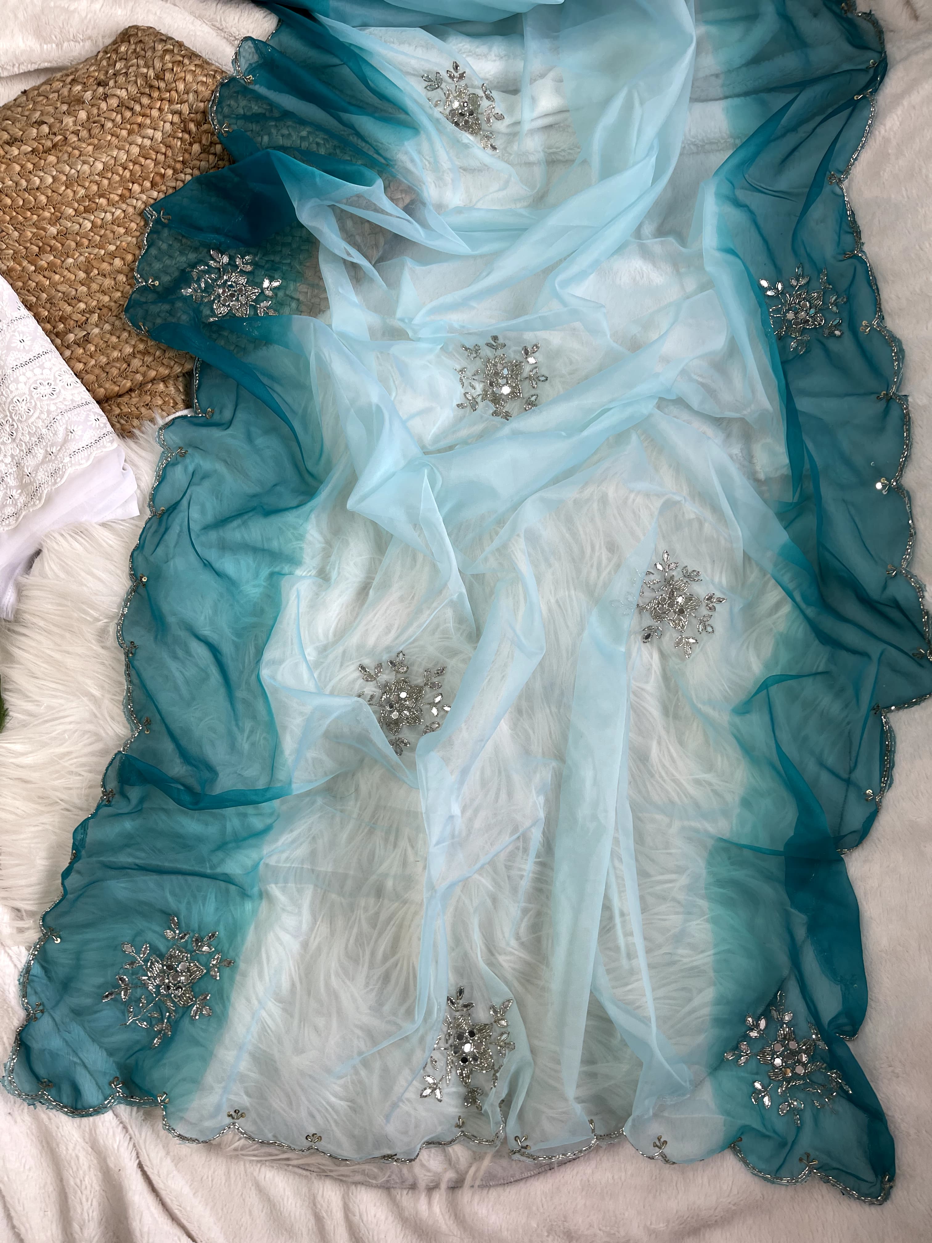 Double Tone Sky Blue Organza Handwork Saree