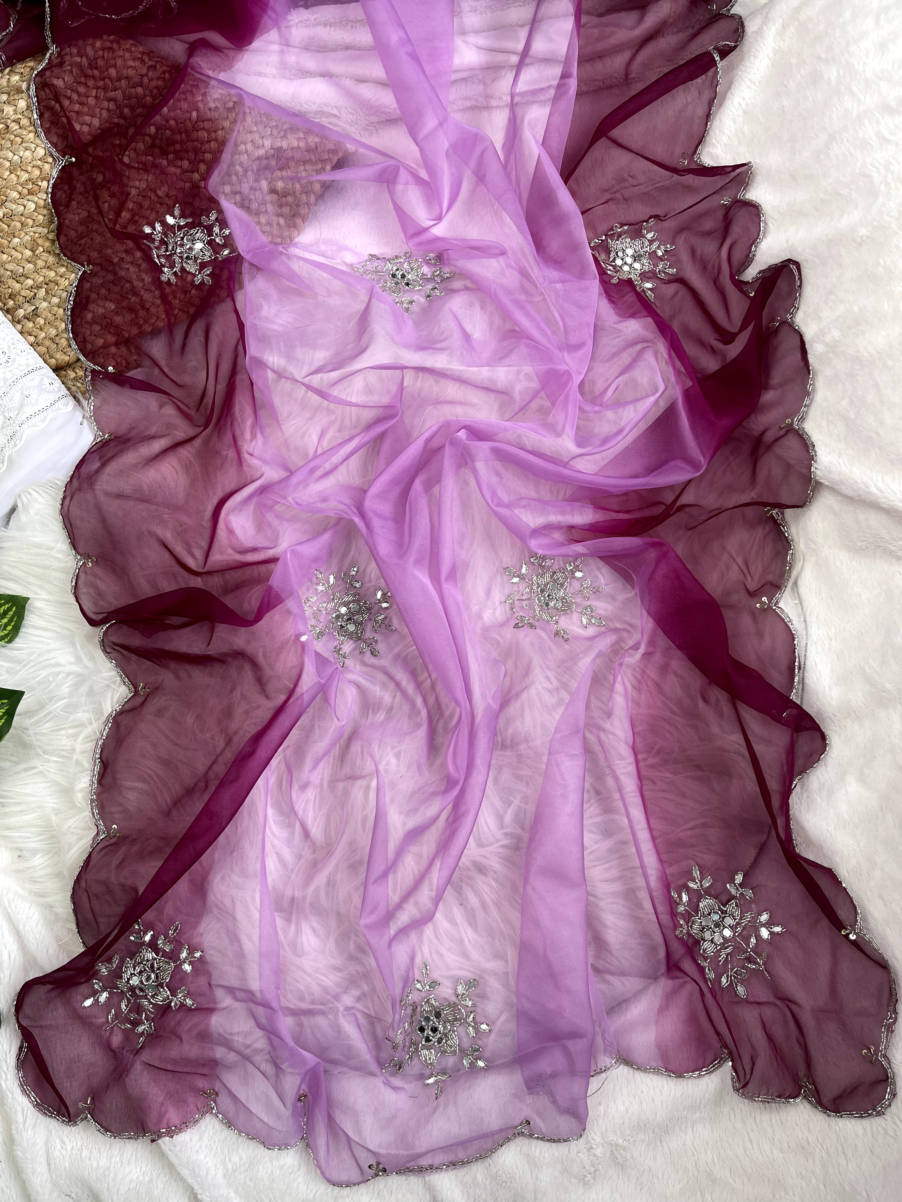 Double Tone Lavender Organza Handwork Saree