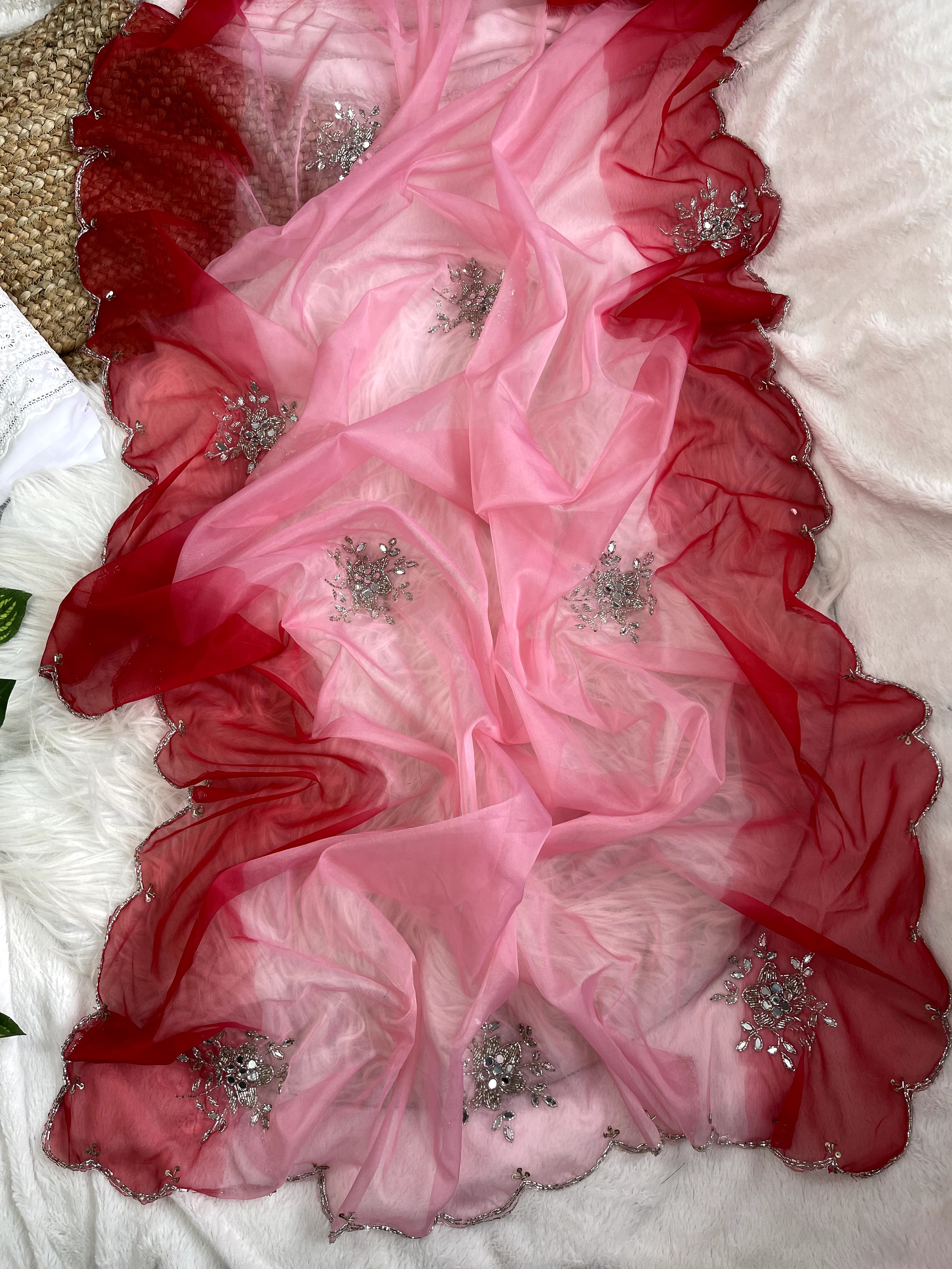 Double Tone Red Organza Handwork Saree