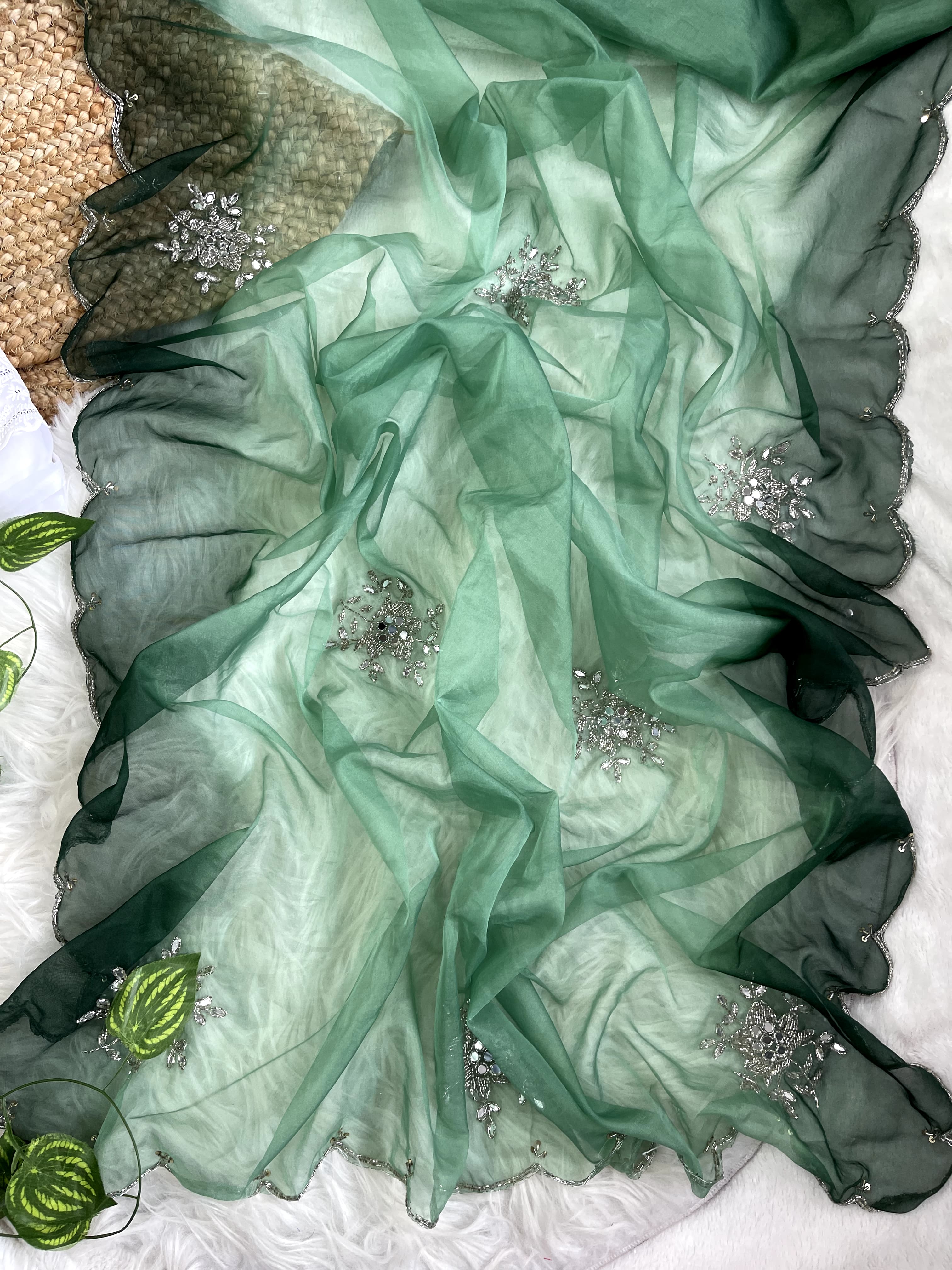 Double Tone Green Organza Handwork Saree