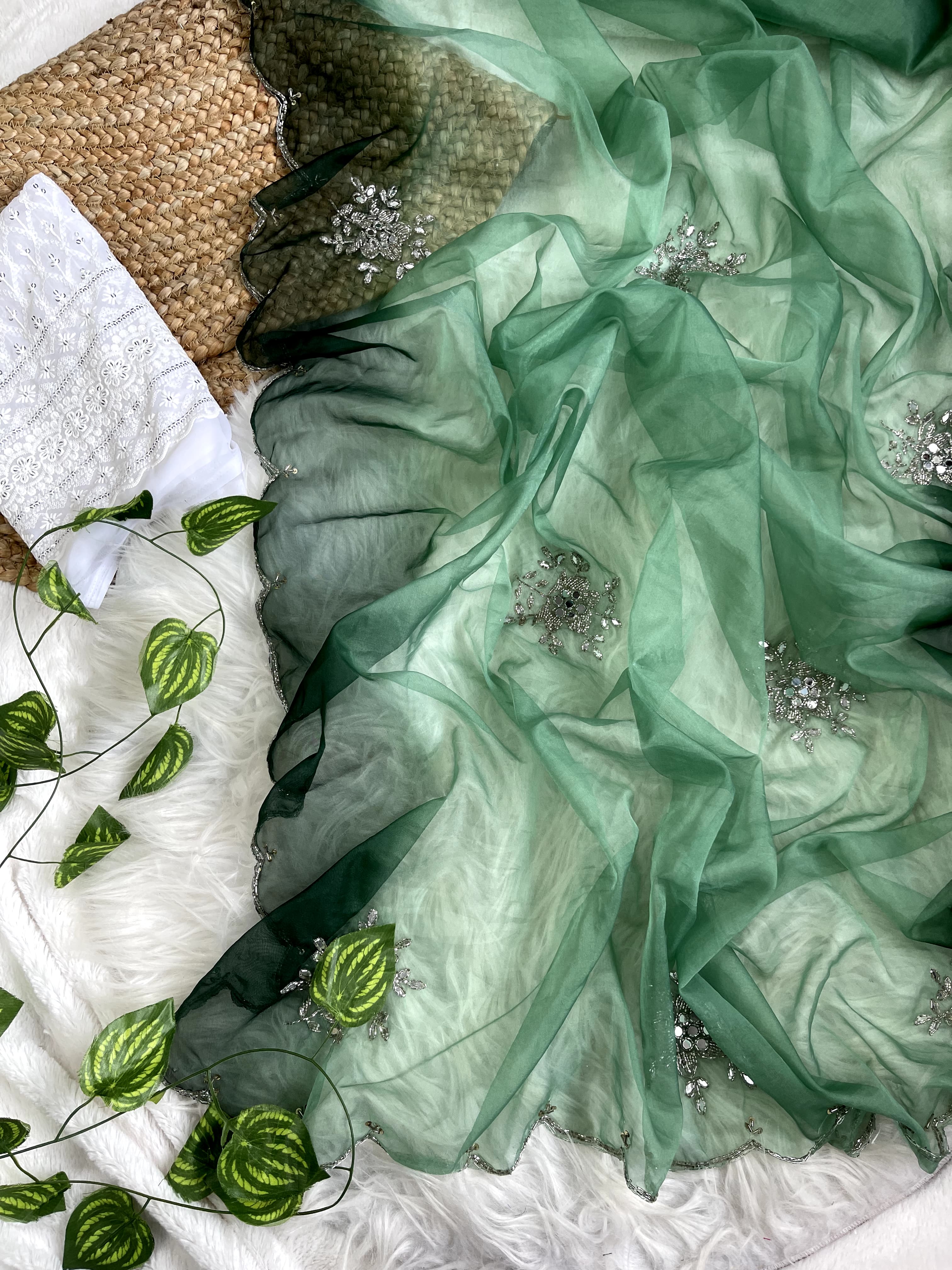 Double Tone Green Organza Handwork Saree