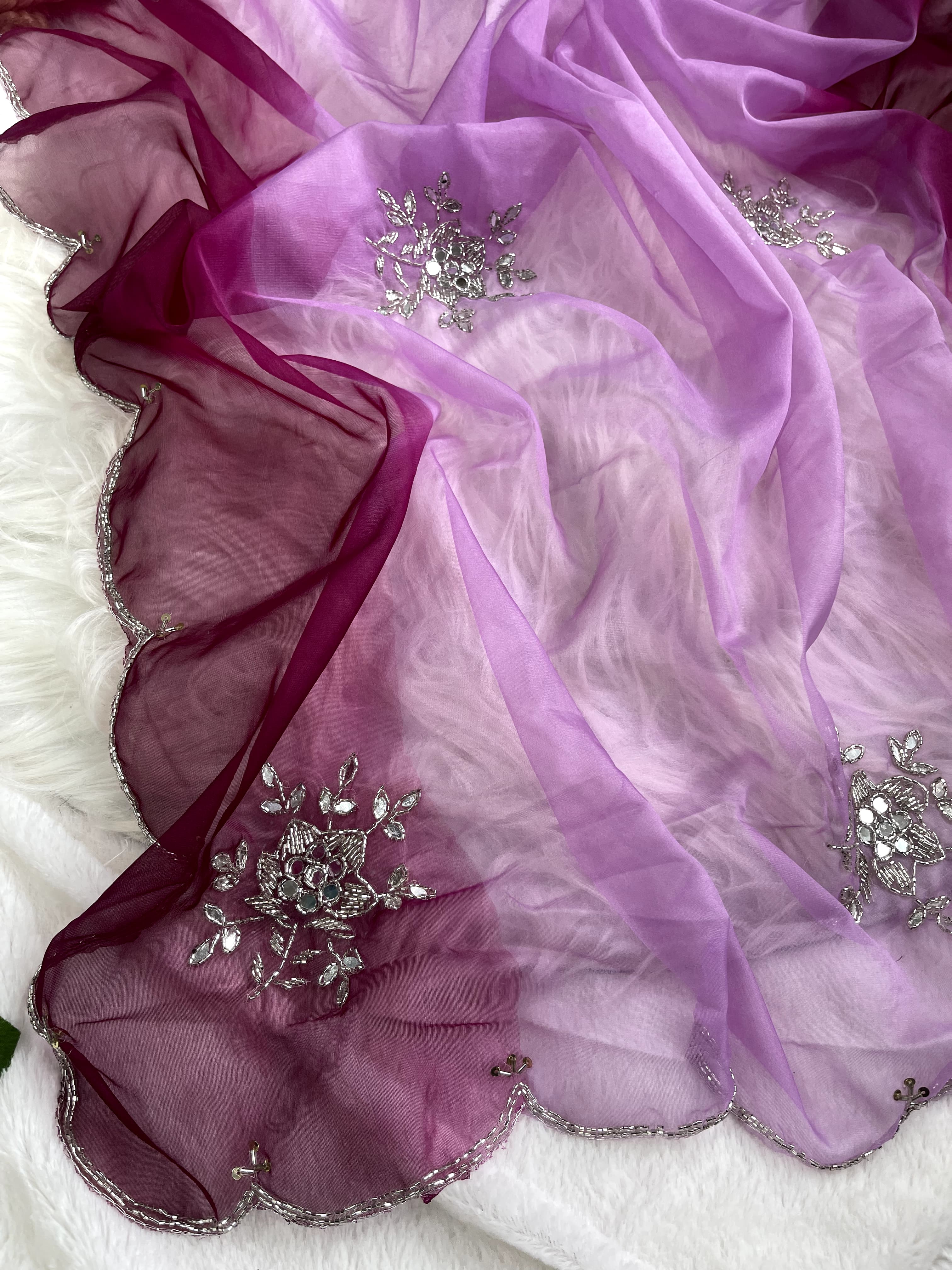 Double Tone Lavender Organza Handwork Saree