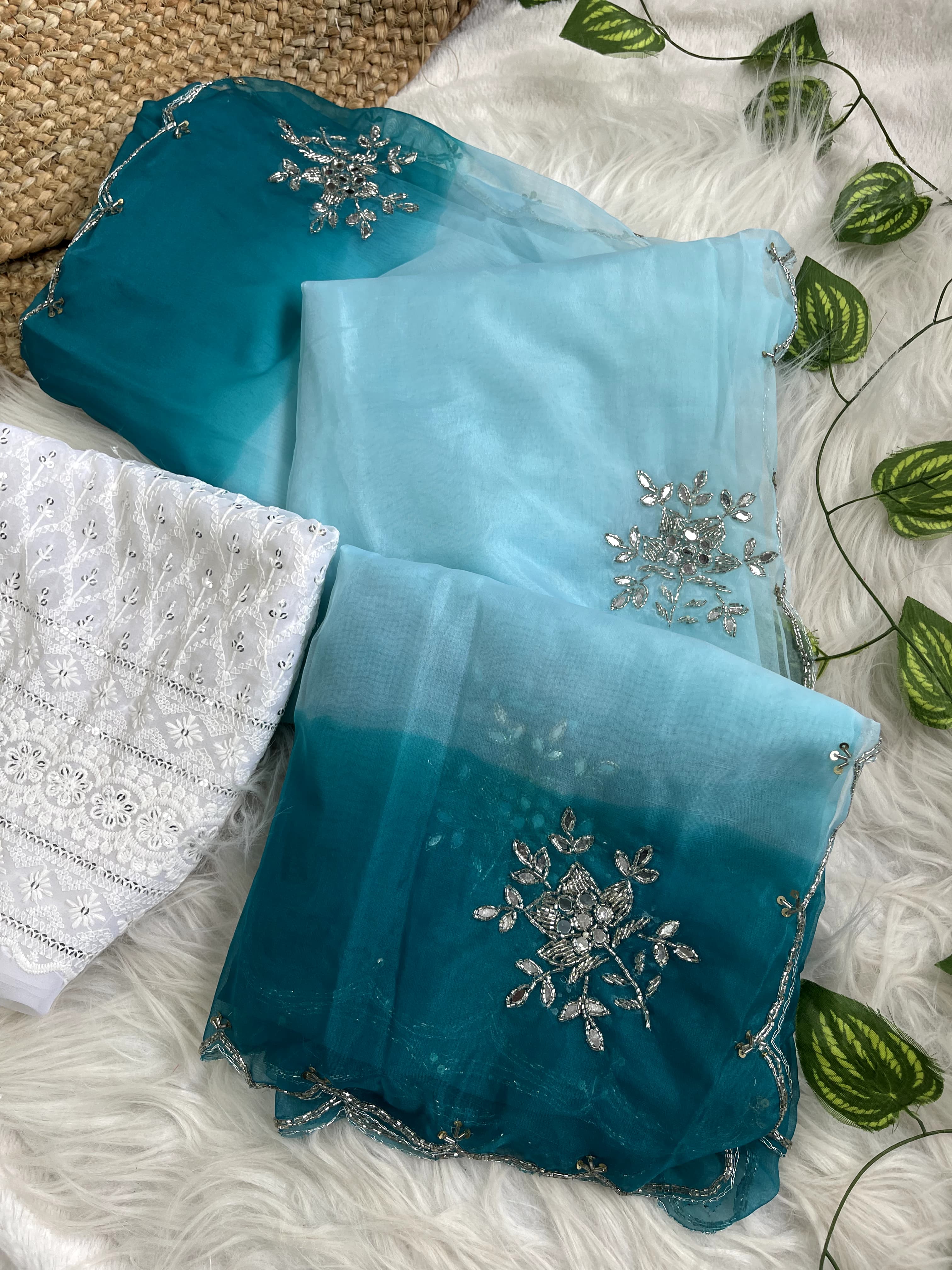 Double Tone Sky Blue Organza Handwork Saree