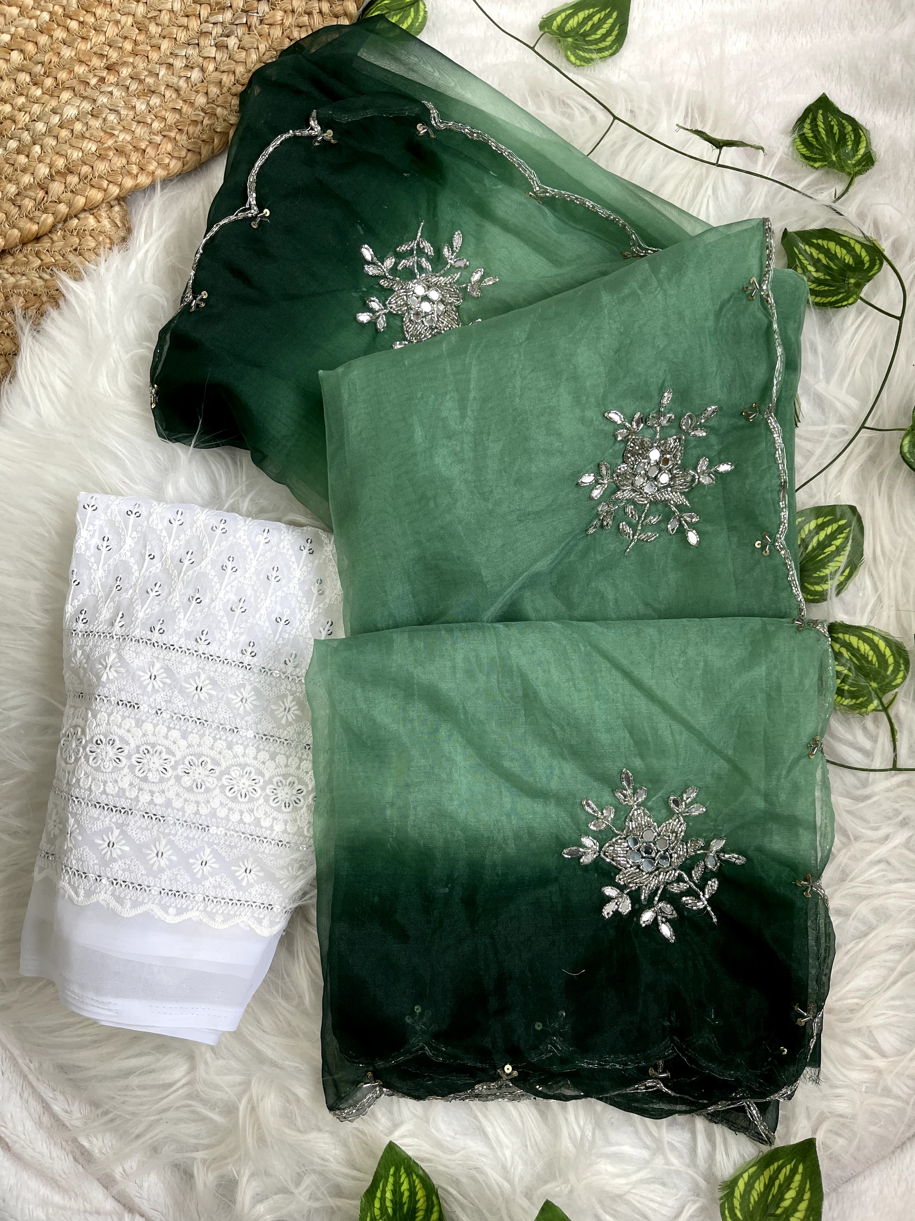Double Tone Green Organza Handwork Saree