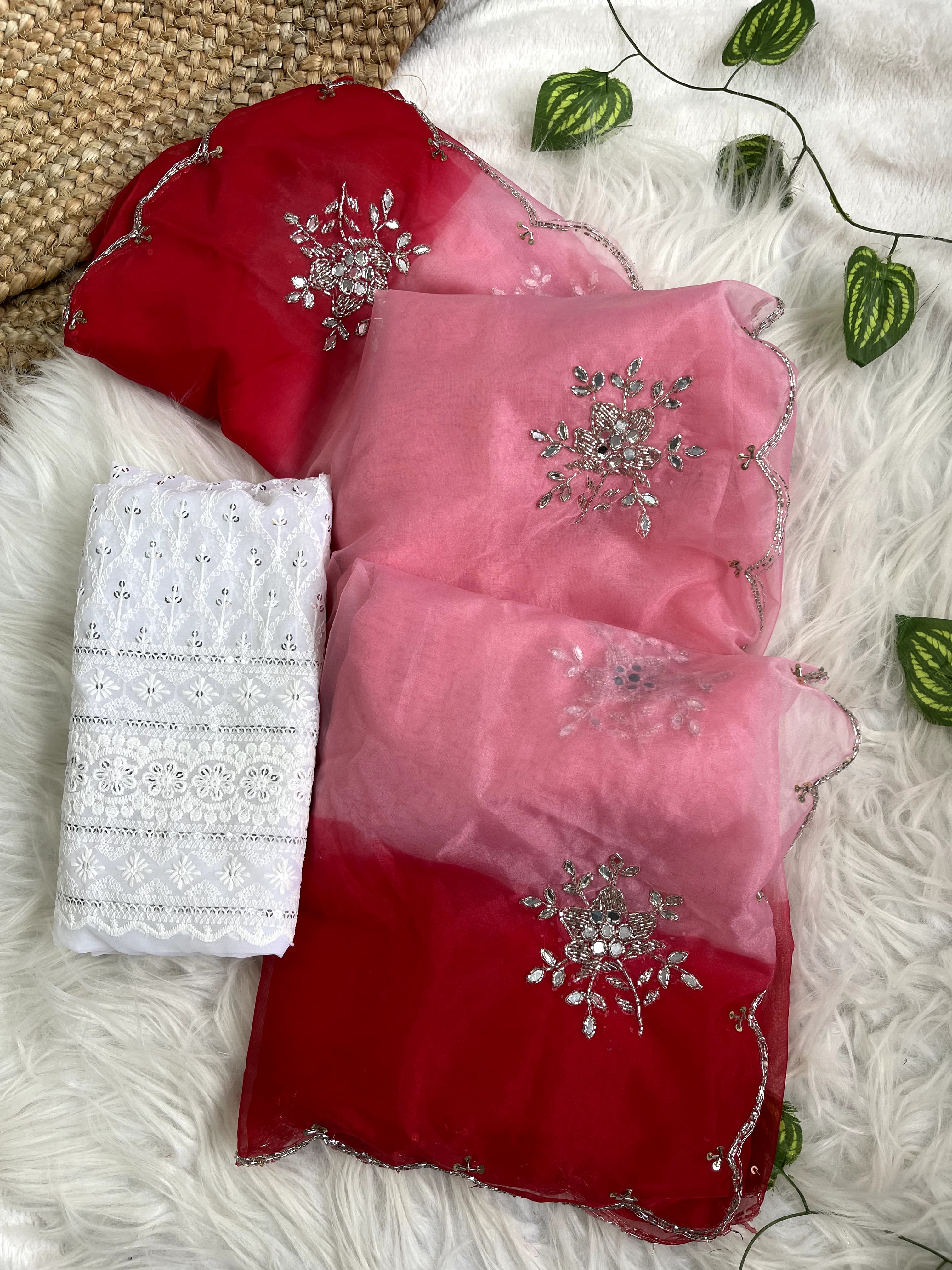 Double Tone Red Organza Handwork Saree