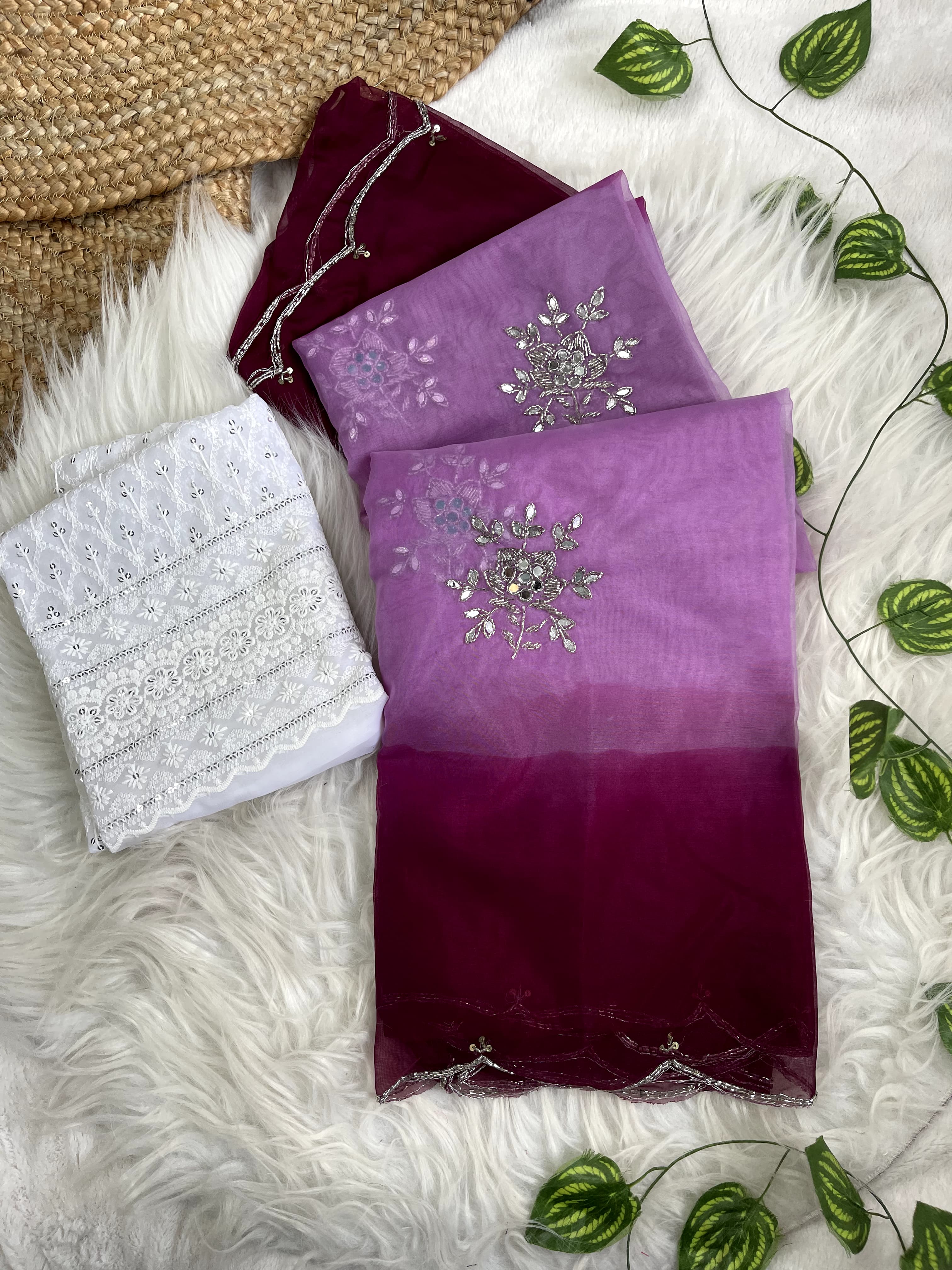 Double Tone Lavender Organza Handwork Saree