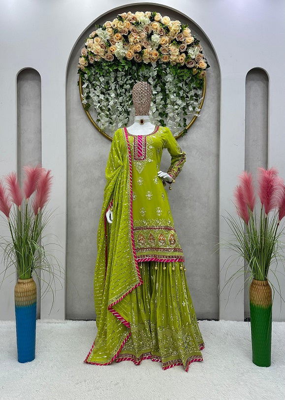 Stylish Thread Sequence Work Green Color Sharara Suit