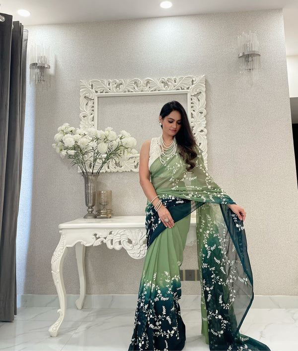 Green Color Double Shade Thread Sequence Work Saree