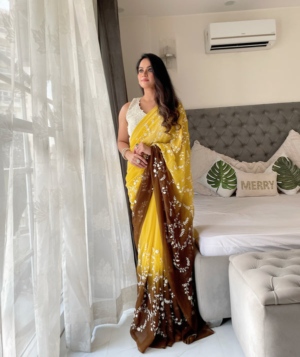 Yellow Color Double Shade Thread Sequence Work Saree