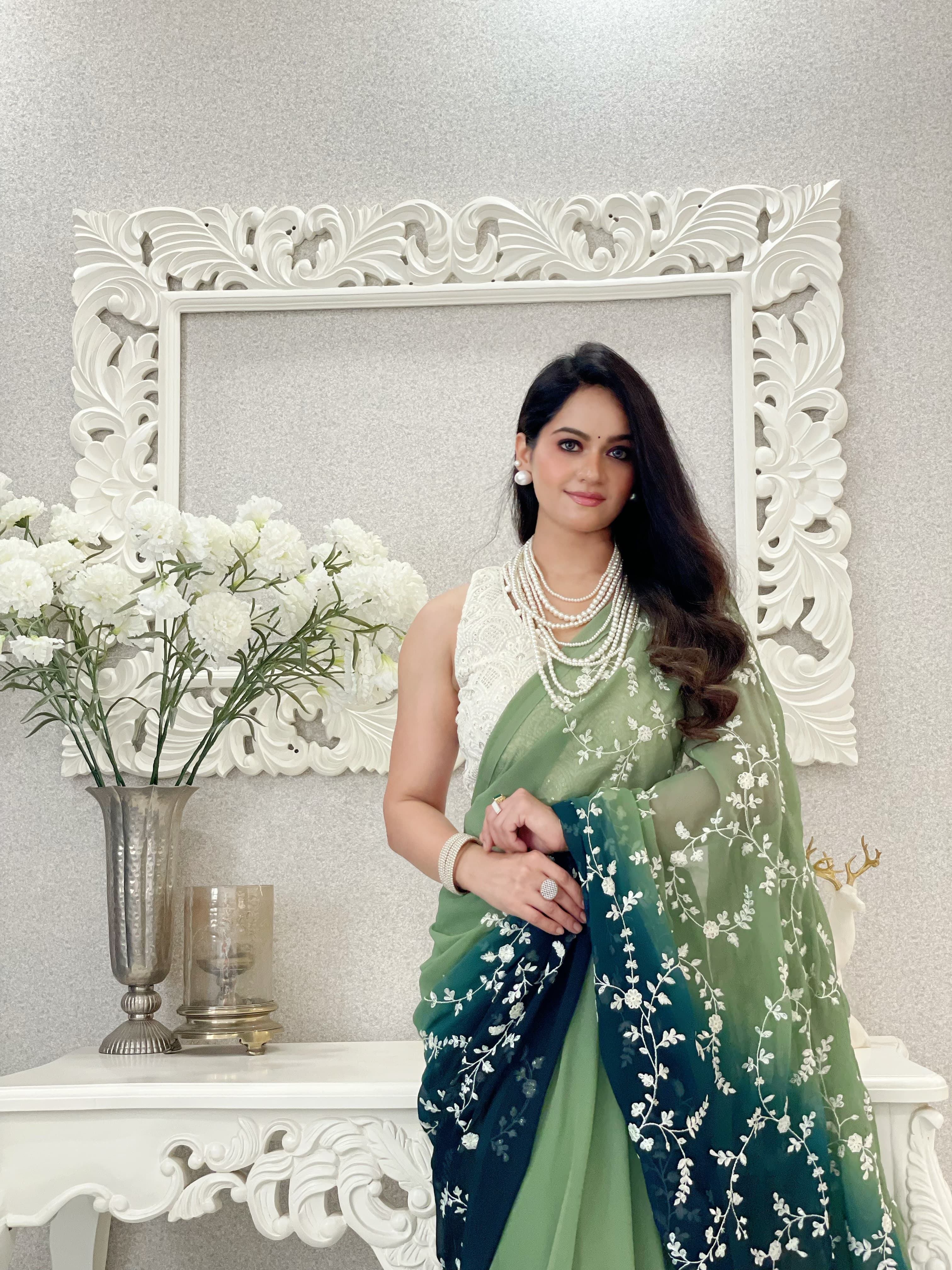 Green Color Double Shade Thread Sequence Work Saree