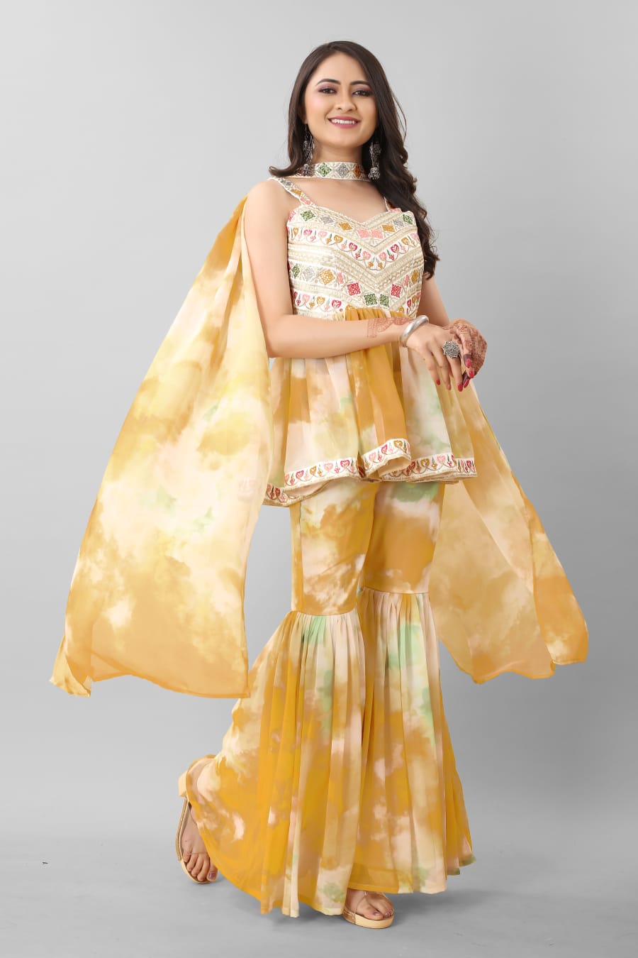 Mustard Color Tie Dye Thread Sequence Work Sharara Suit