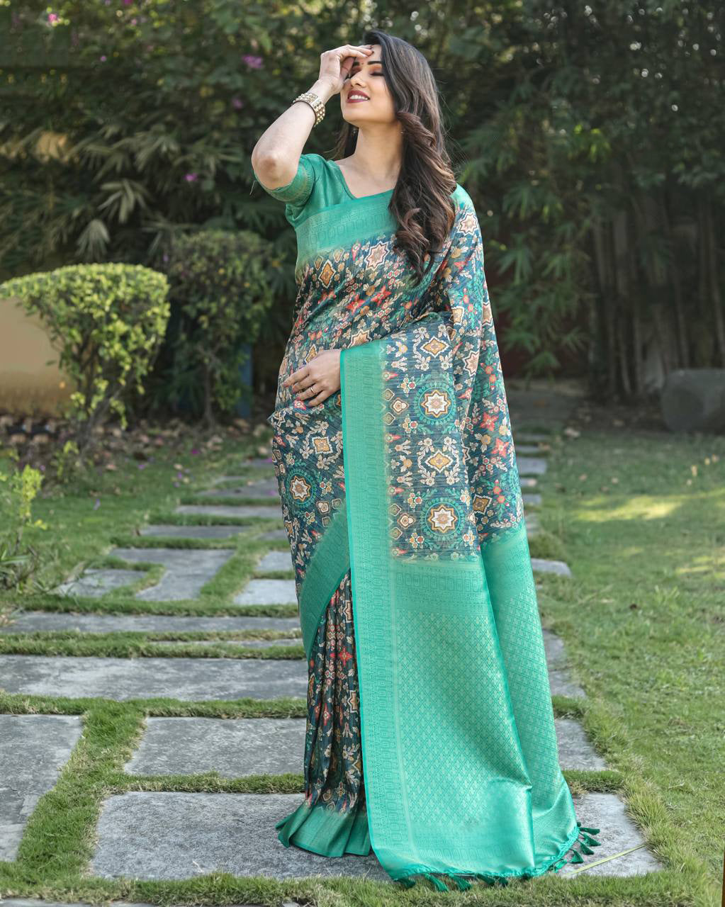 Digital Print With Golden Weaving Aqua Green Banarasi Saree