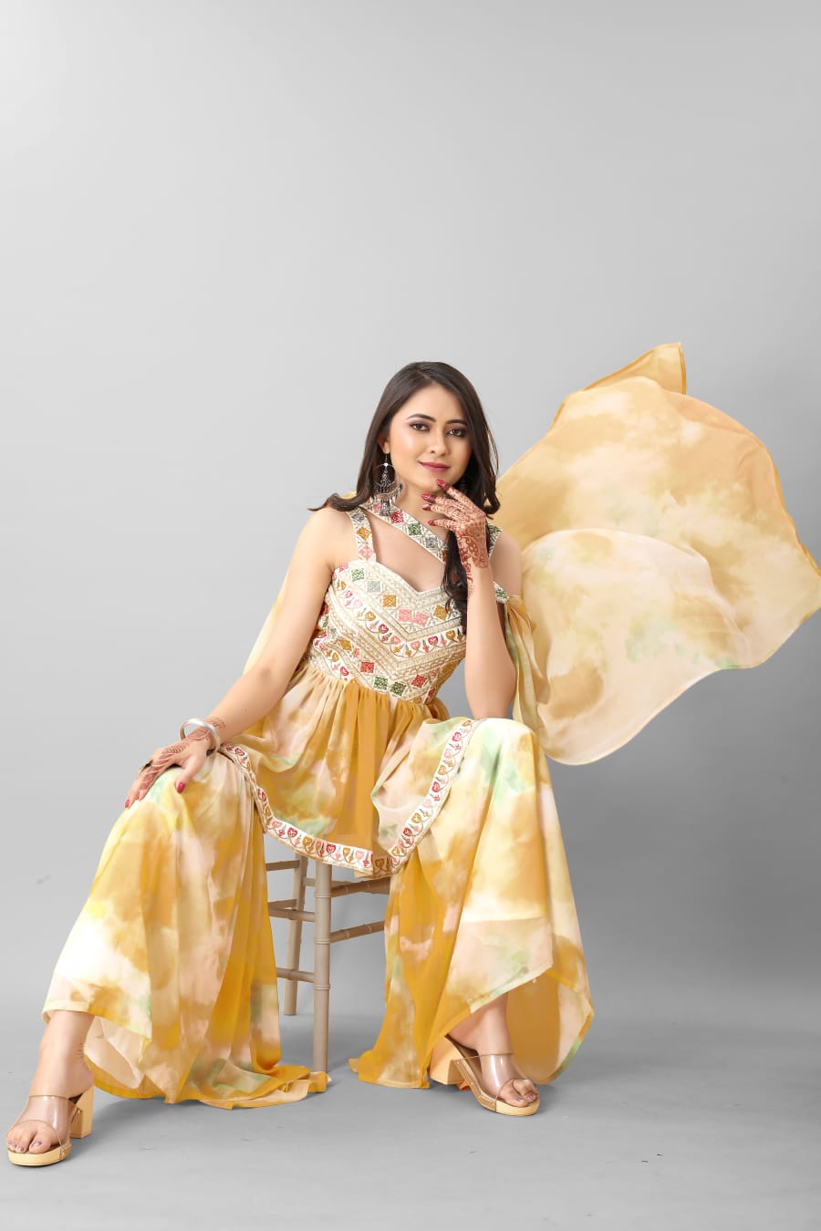 Mustard Color Tie Dye Thread Sequence Work Sharara Suit