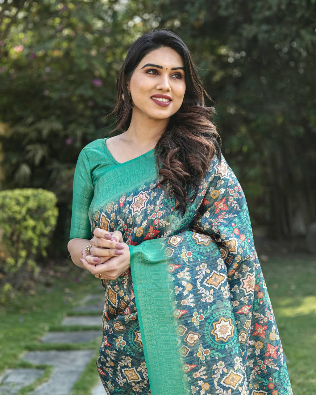 Digital Print With Golden Weaving Aqua Green Banarasi Saree