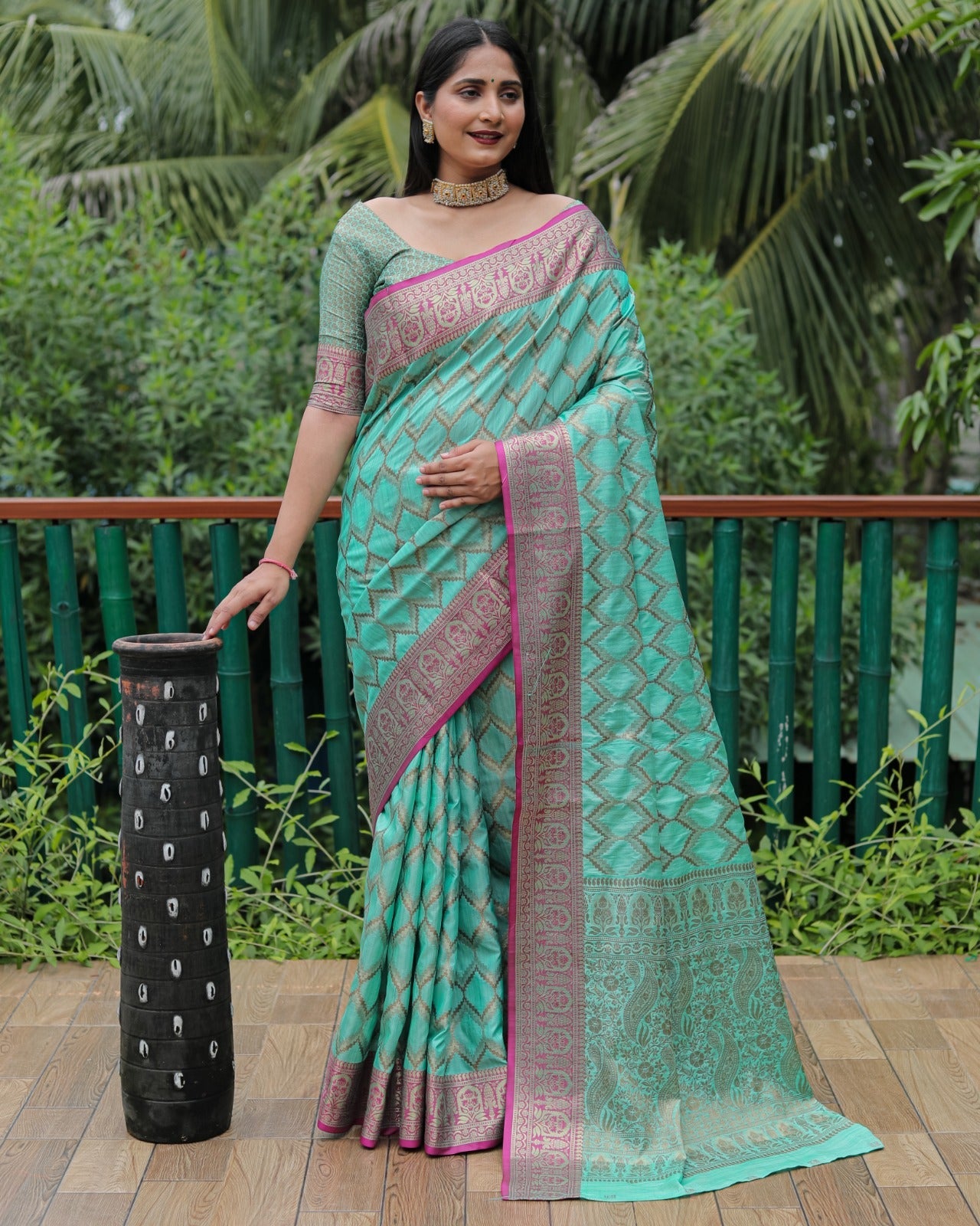 Aqua Green Color Banarasi Saree With Rich Border