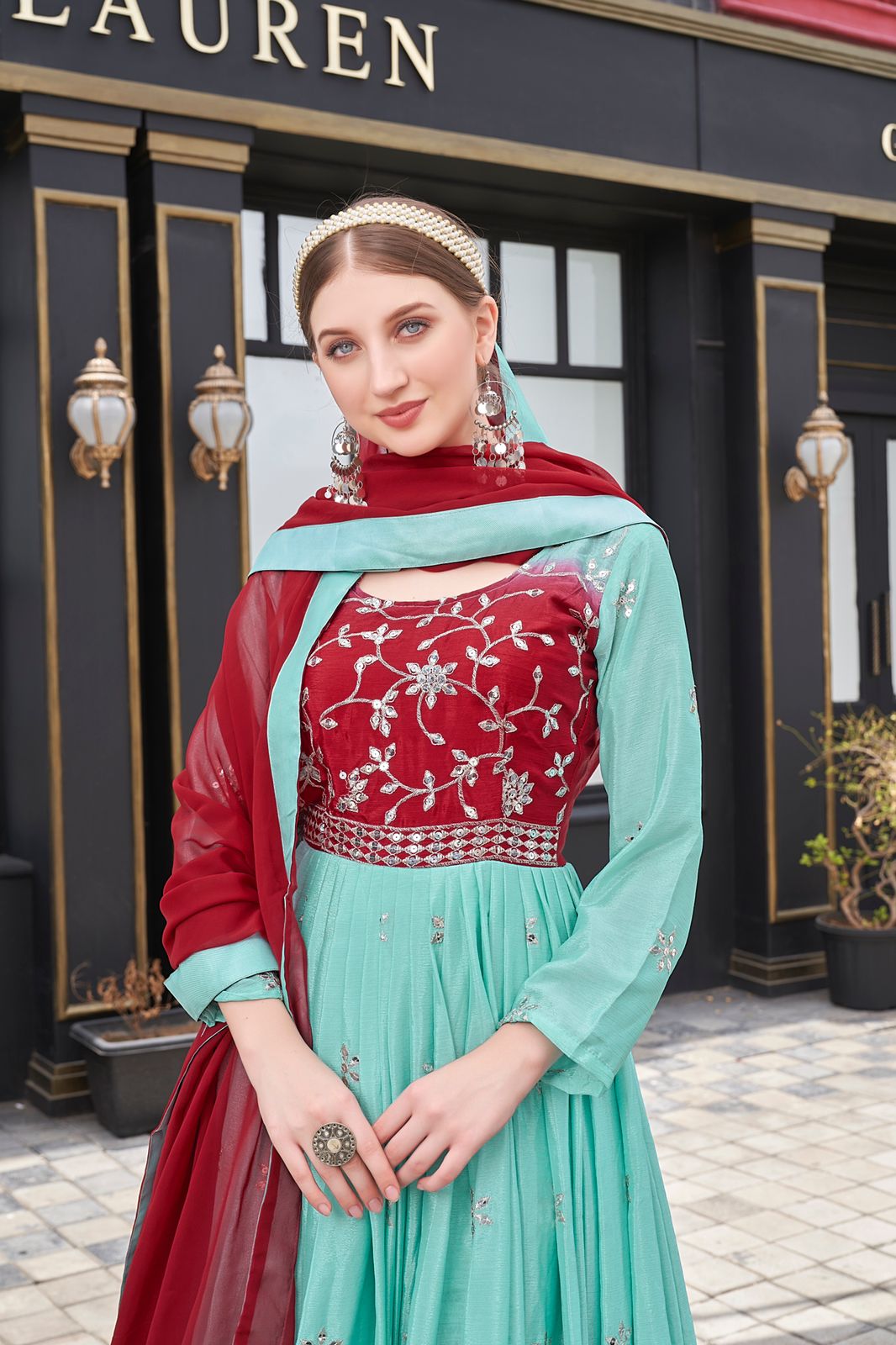 Aqua And Red Color Sequence Work Chinon Gown