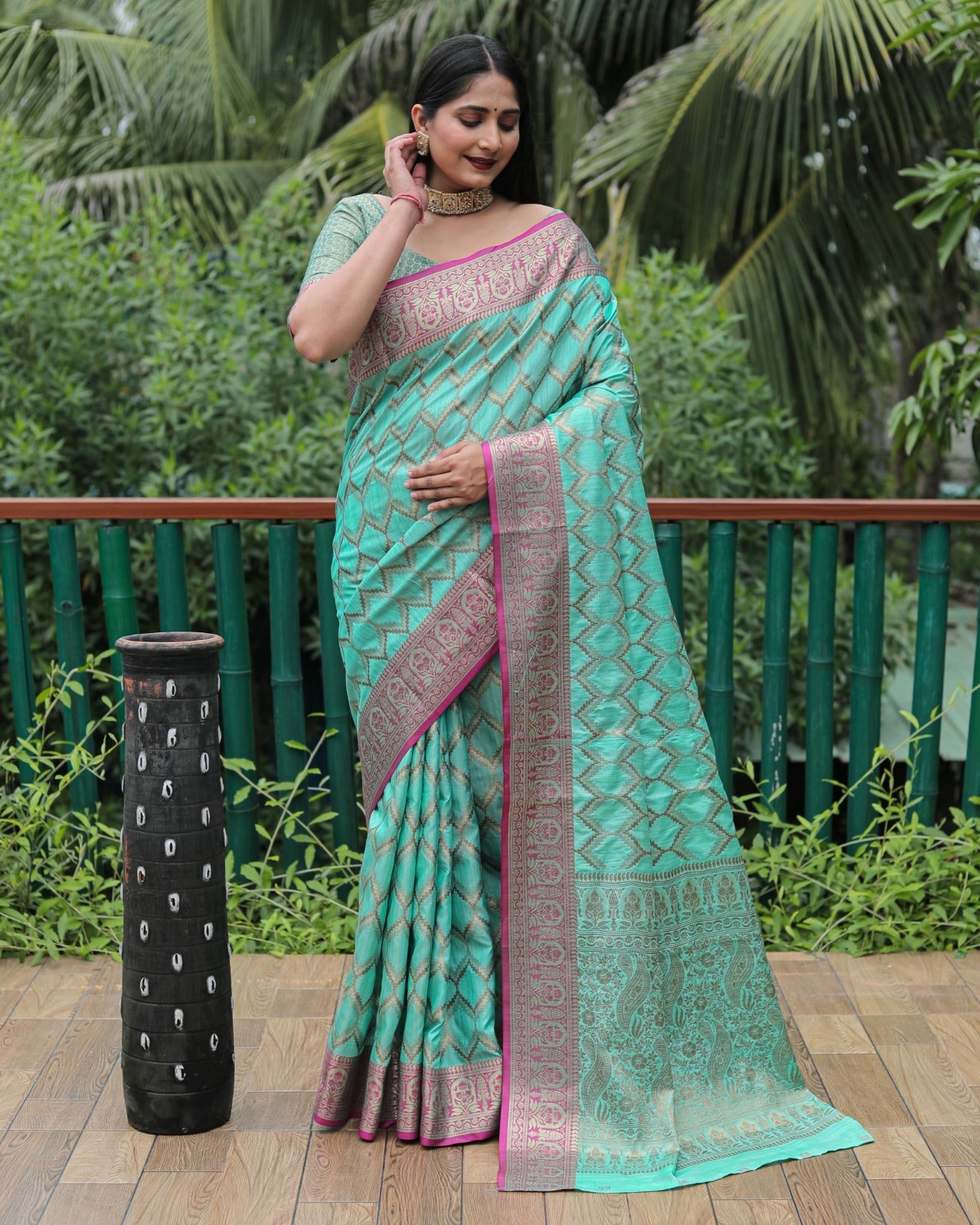 Aqua Green Color Banarasi Saree With Rich Border