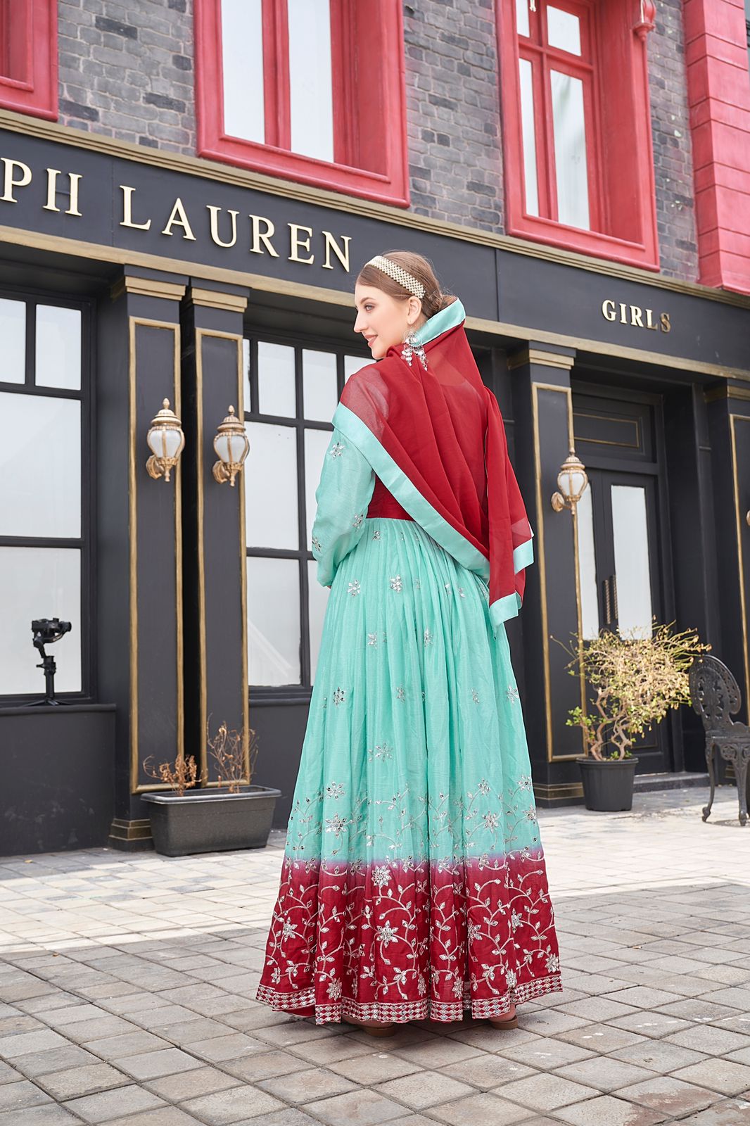 Aqua And Red Color Sequence Work Chinon Gown