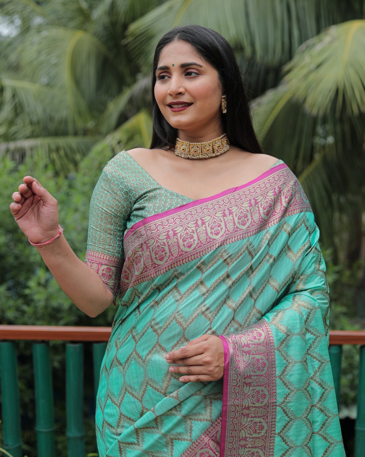 Aqua Green Color Banarasi Saree With Rich Border