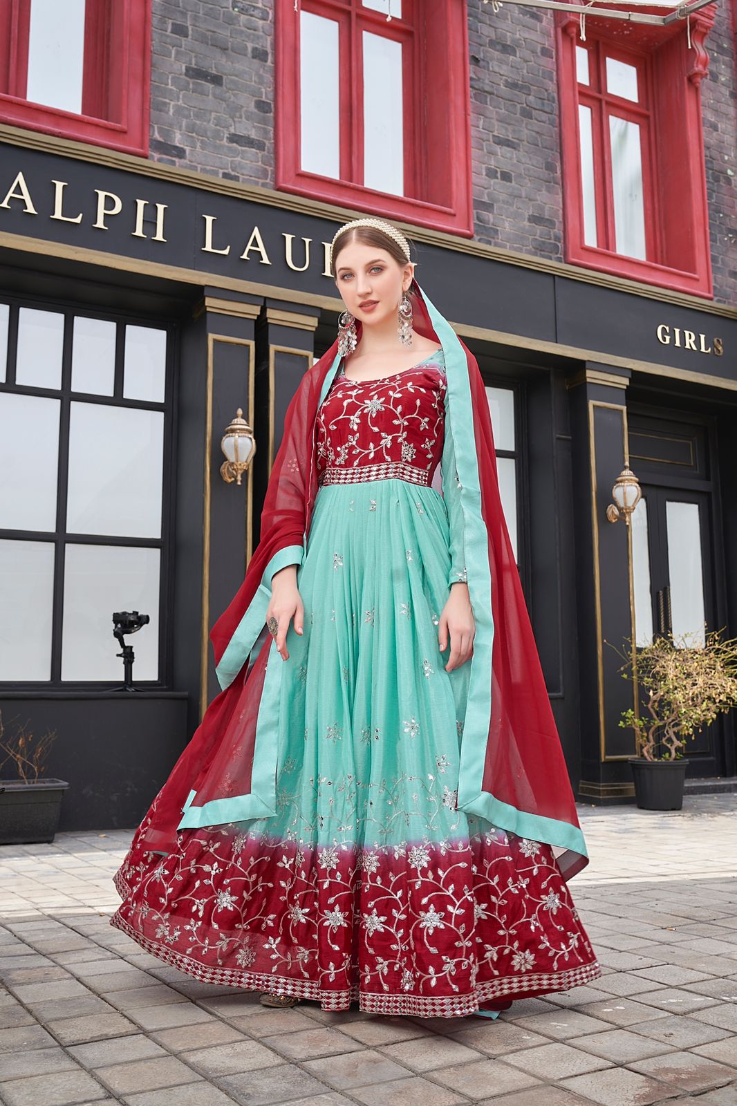 Aqua And Red Color Sequence Work Chinon Gown