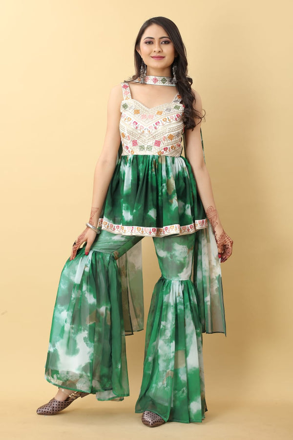 Green Color Tie Dye Thread Sequence Work Sharara Suit