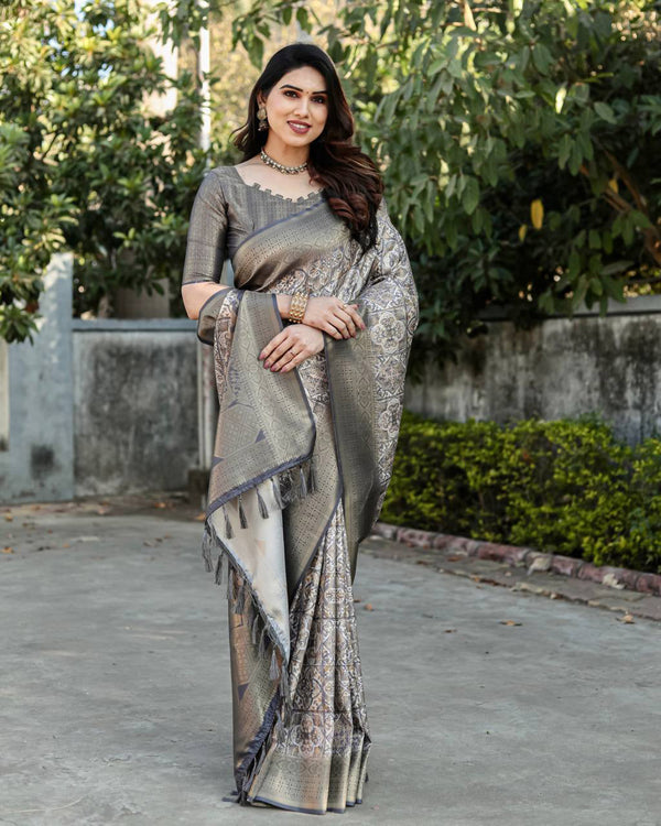 Rich Golden Weaving Print Dark Grey Color Banarasi Saree