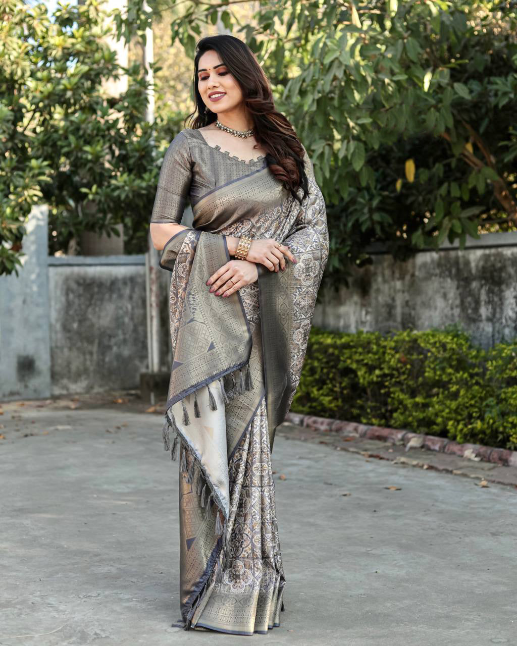Rich Golden Weaving Print Dark Grey Color Banarasi Saree