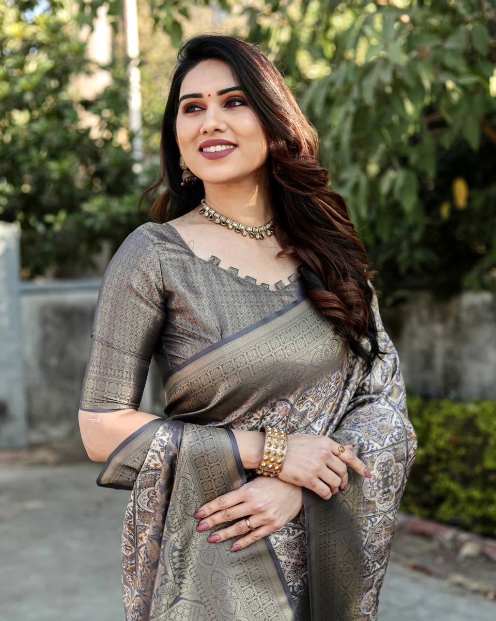 Rich Golden Weaving Print Dark Grey Color Banarasi Saree