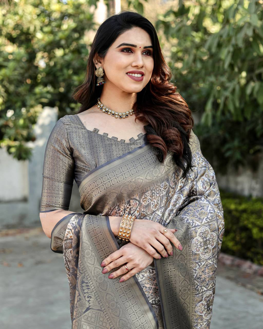 Rich Golden Weaving Print Dark Grey Color Banarasi Saree