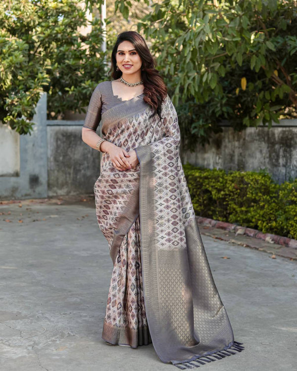 Rich Golden Weaving Print Grey Color Banarasi Saree