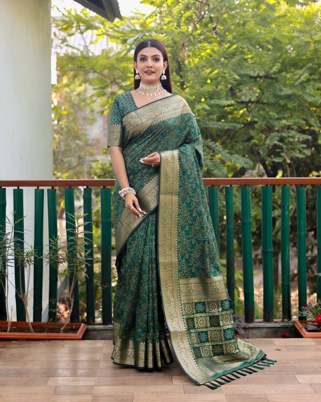 Bandhej Designed Zari Patola Weaving Green Saree