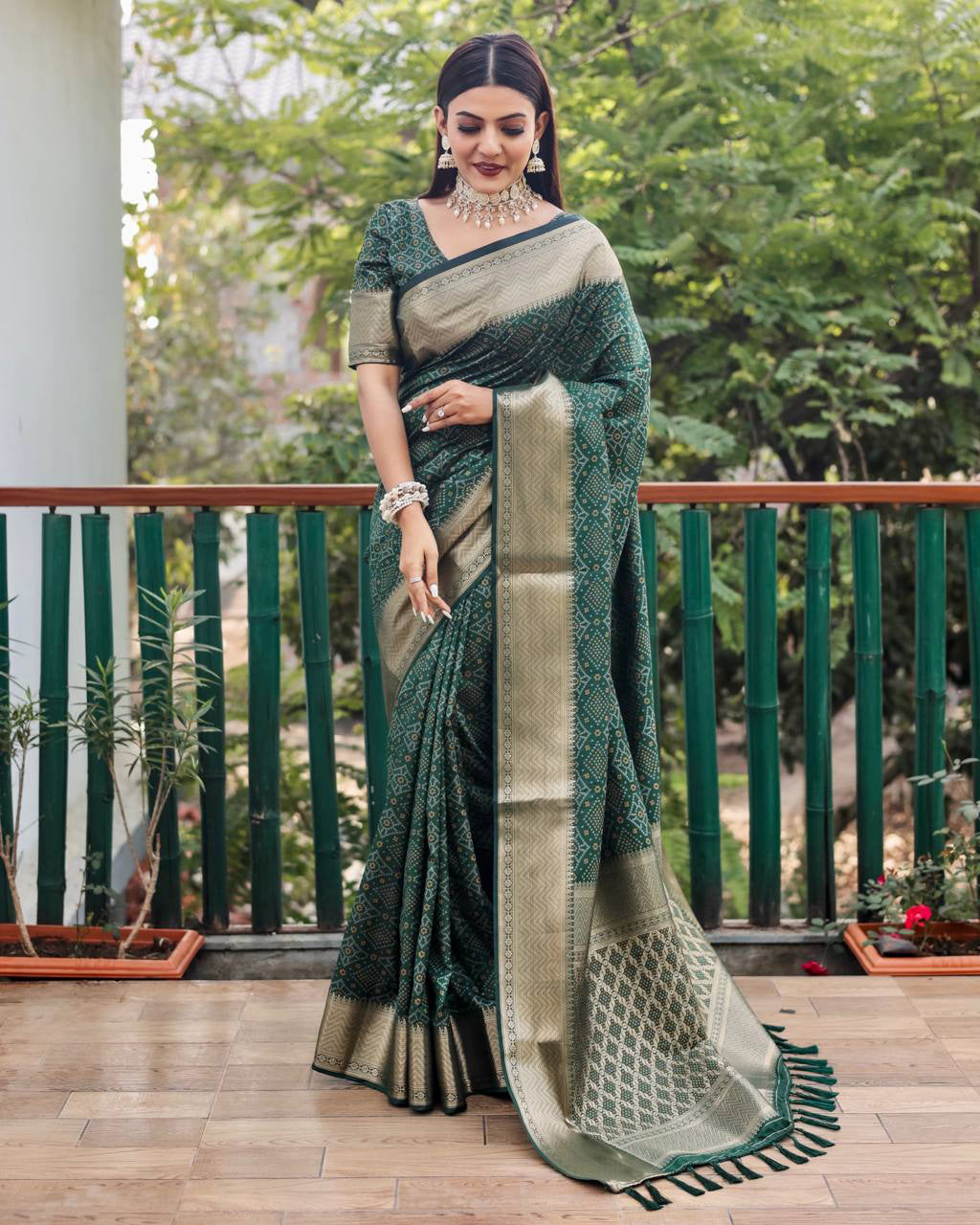 Green Color Bandini Patola Design Saree