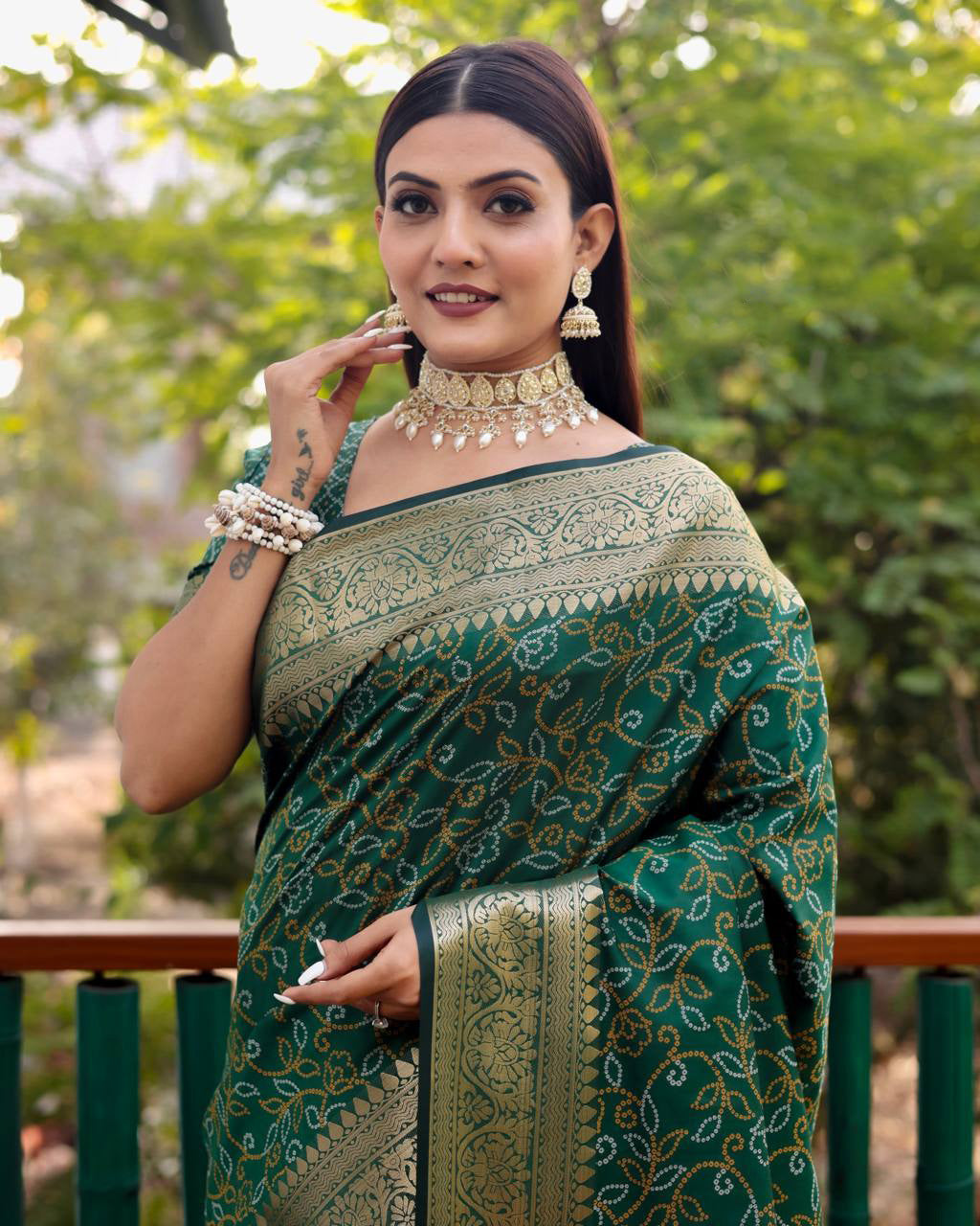 Bandhej Designed Zari Patola Weaving Green Saree