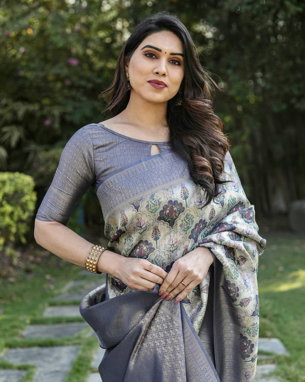 Digital Print With Golden Weaving Grey Banarasi Saree