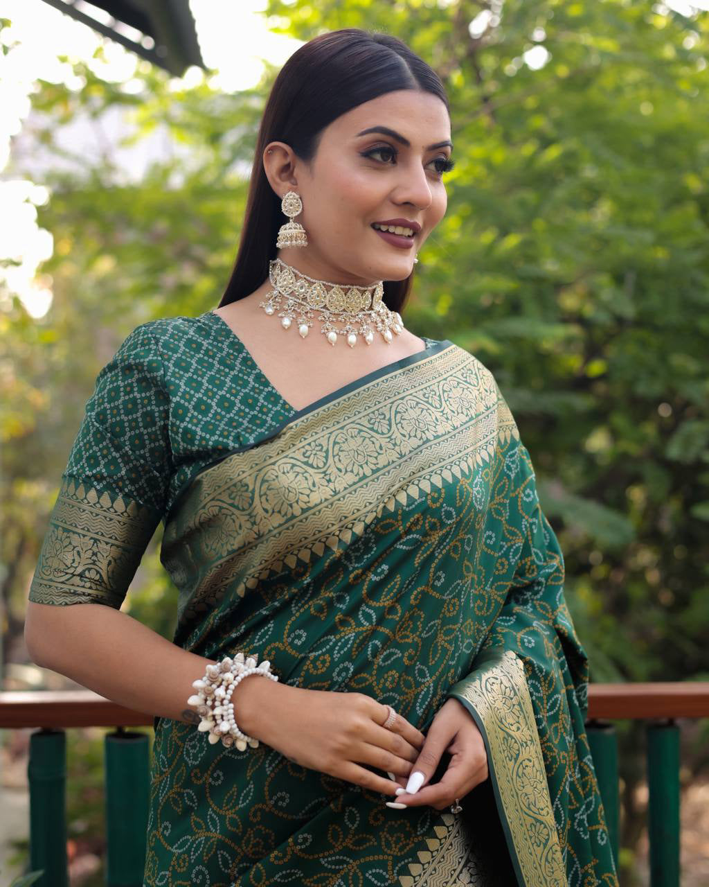 Bandhej Designed Zari Patola Weaving Green Saree