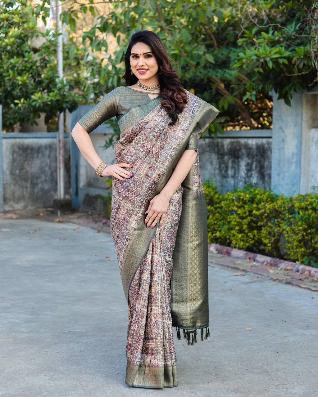 Rich Golden Weaving Print Green Color Banarasi Saree