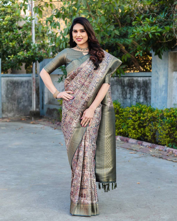 Rich Golden Weaving Print Green Color Banarasi Saree