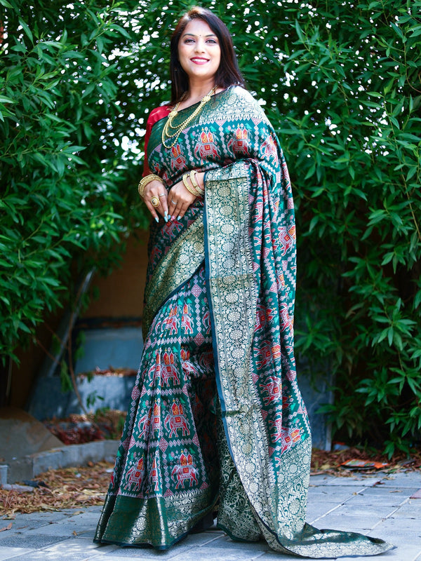Patola Weaving Rich Pallu And Border Green Color Saree