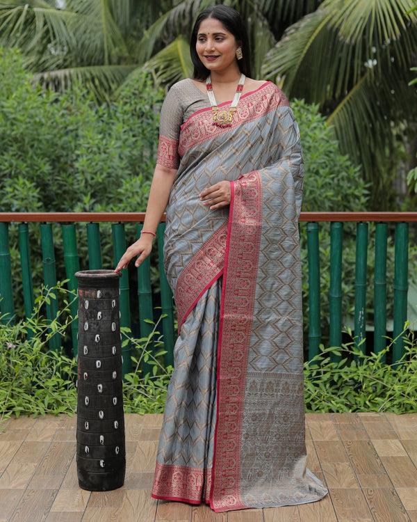 Grey Color Banarasi Saree With Rich Border